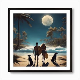 Woman And Man, Dogs Full Moon, Sandy Parking Lot, Surfboards, Palm Trees, Beach, Whitewater, Surfers Art Print