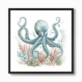 Cute Storybook Style Octopus Blue & White  2 Art Print