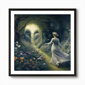 Woman Walking Through A Garden Art Print