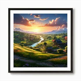 A Serene Village Landscape With Lush Green Fields And Colorful Houses Depicting The Picturesque Set(2) Art Print