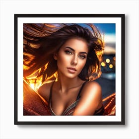 Beautiful Woman With Hair Blowing In The Wind Art Print