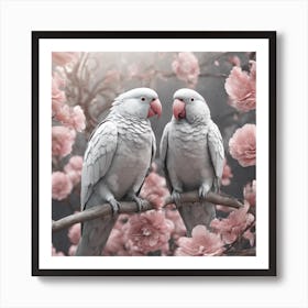 Couple Of Parrots On a Branch With Pink Flowers Art Print