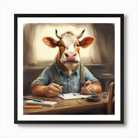 Cow At The Desk 1 Art Print