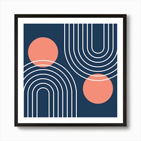 Mid Century Modern Geometric In Navy Blue And Coral (Rainbow And Sun Abstract) 02 Art Print