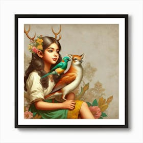 Girl With Deer 1 Art Print