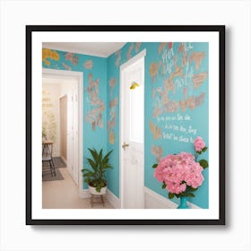 Blue Hallway With Flowers Art Print