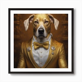 A Super Wealthy Hippie Muscular Dog Wearing A Beautiful Tailored Golden Suit, Heterochromia Iridum,M Art Print