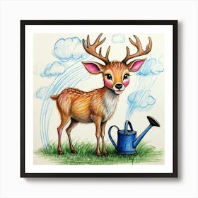 Deer Watering Can Art Print