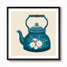 Cottagecore Floral Kettle In Teal Square Art Print