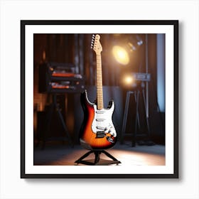 Electric Guitar On A Stand On A Stage Art Print