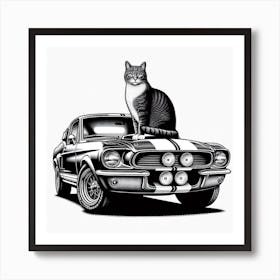 Cat on a Car: A Cool and Chic Black and White Photograph of a Cat Sitting on a Classic Car Art Print