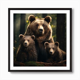 Grizzly Bear Family Portrait In Evening Sun Art Print