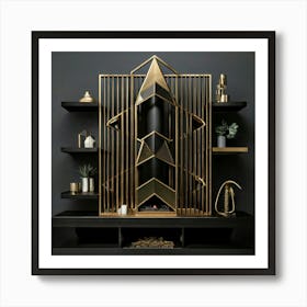 Firefly Bold, Geometric, Fireplace, Design, Polished, Black, Brass, Accents, Narrow, Shelves, Minima (9) Poster