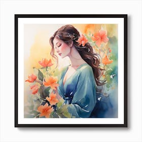 Watercolor Of A Girl With Flowers  Poster