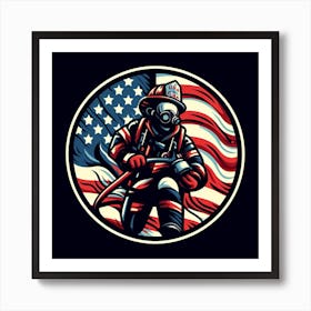 Firefighter With American Flag Art Print