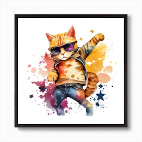 Watercolor Cute Cat Cool Superstar Cartoon Animal Character Art Print