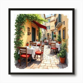 Cozy Italian Trattoria Scene In Watercolor, With Tables And Delicious Food 1 Art Print