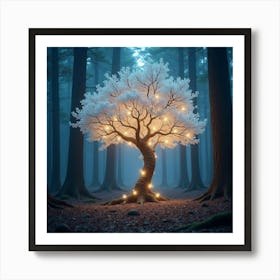 A Glowing Tree With Crystal Leaves In A Magical Forest 1 Art Print