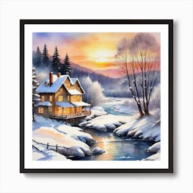 Winter House By The River Art Print