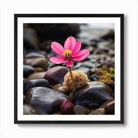Pink Flower On Rocks Art Print