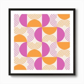 Mid Century Geometric Lines and Half Circles in Pink and Orange Art Print