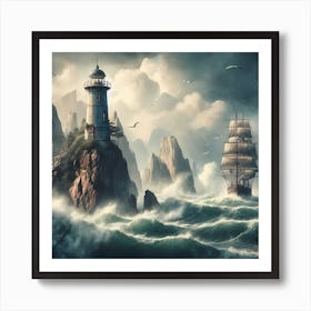 Lighthouse In Stormy Sea Art Print