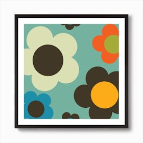 Bold Retro Floral Blue Square Art Print