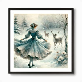 Snow Girl In Blue Dress Art Print