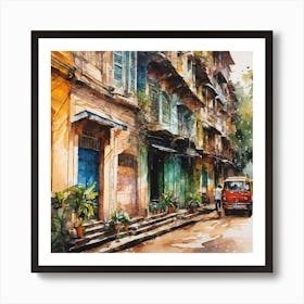 Watercolor painting of an old Street in the town mid century Art Print