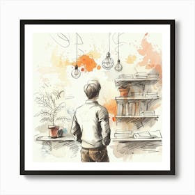 Illustration Of A Man In A Library Art Print