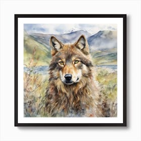 Wolf in Scottish Mountains Sits Amongst Heather Art Print