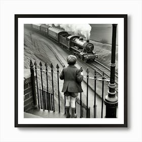 Boy Looking At Steam Train Art Print