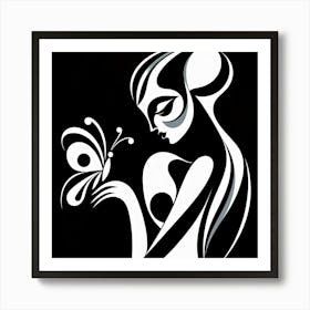 Demure Black & White Abstract Female Figure with Butterfly Art Print