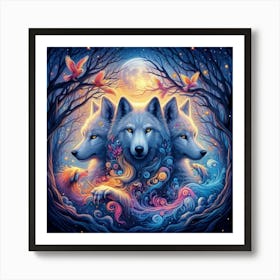 Three Wolves In The Forest Art Print