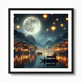 "Enchanting Night Scene: Traditional Chinese Boats on Moonlit Lake with Illuminated Village and Flying Lanterns. Art Print