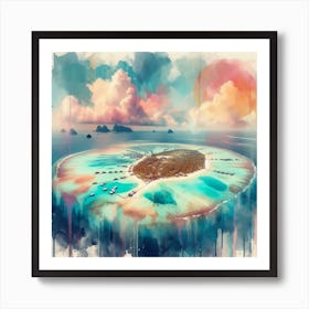 Ocean’s Embrace, An abstract piece in watercolors emphasizing on the circular embrace of the atoll around its central lagoon. This artwork would fit well in a dining room or a kitchen, where it can add some color and warmth to the space. 2 Art Print