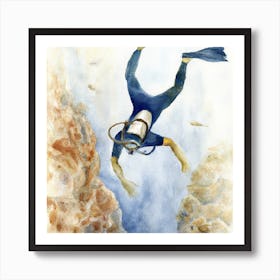 Watercolor Of Scuba Diver Art Print