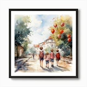 Watercolor Of Children Walking Affiche