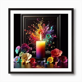 A lit candle inside a picture frame surrounded by flowers 2 Art Print