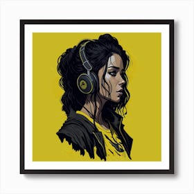 Girl In Headphones Art Print