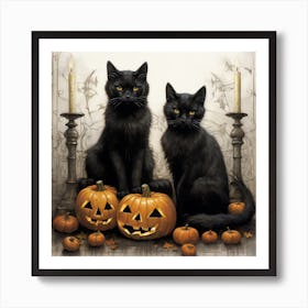 Two Black Cats With Pumpkins Art Print