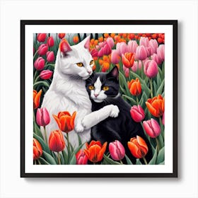 Cat And Tulips Art Print