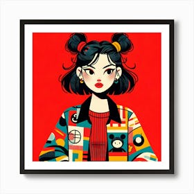 Asian Girl with Double Buns Short Hair Art Print