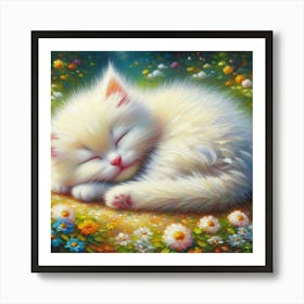 White Kitten Sleeping On Flowers Art Print