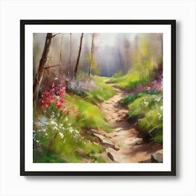 Path In The Woods.A dirt footpath in the forest. Spring season. Wild grasses on both ends of the path. Scattered rocks. Oil colors.20 Art Print