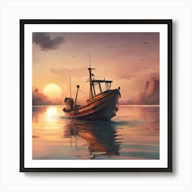 Fishing Boat At Sunset Art Print