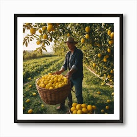 Farmer Picking Lemons In An Orchard 1 Art Print