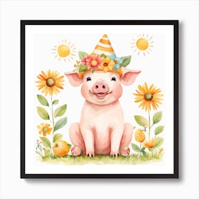Floral Baby Pig Nursery Illustration (15) Art Print