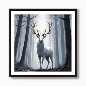 A White Stag In A Fog Forest In Minimalist Style Square Composition 59 Art Print