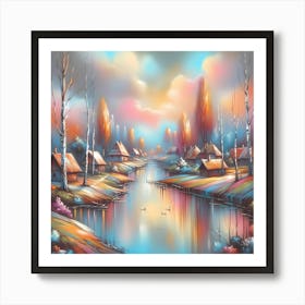 Autumn Village By The River Art Print